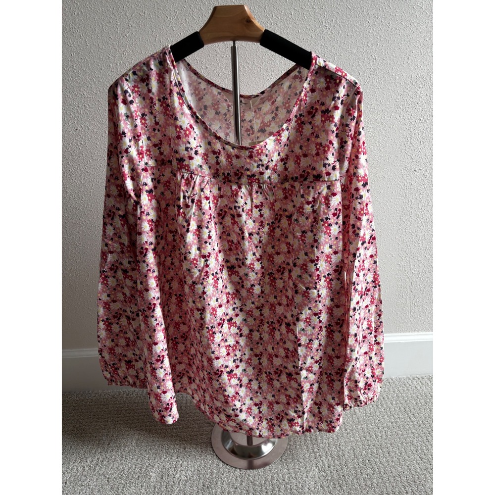 NWT Agnes Orinda Floral Blouse 1X Pink Daisy Print Long Sleeve Babydoll Top